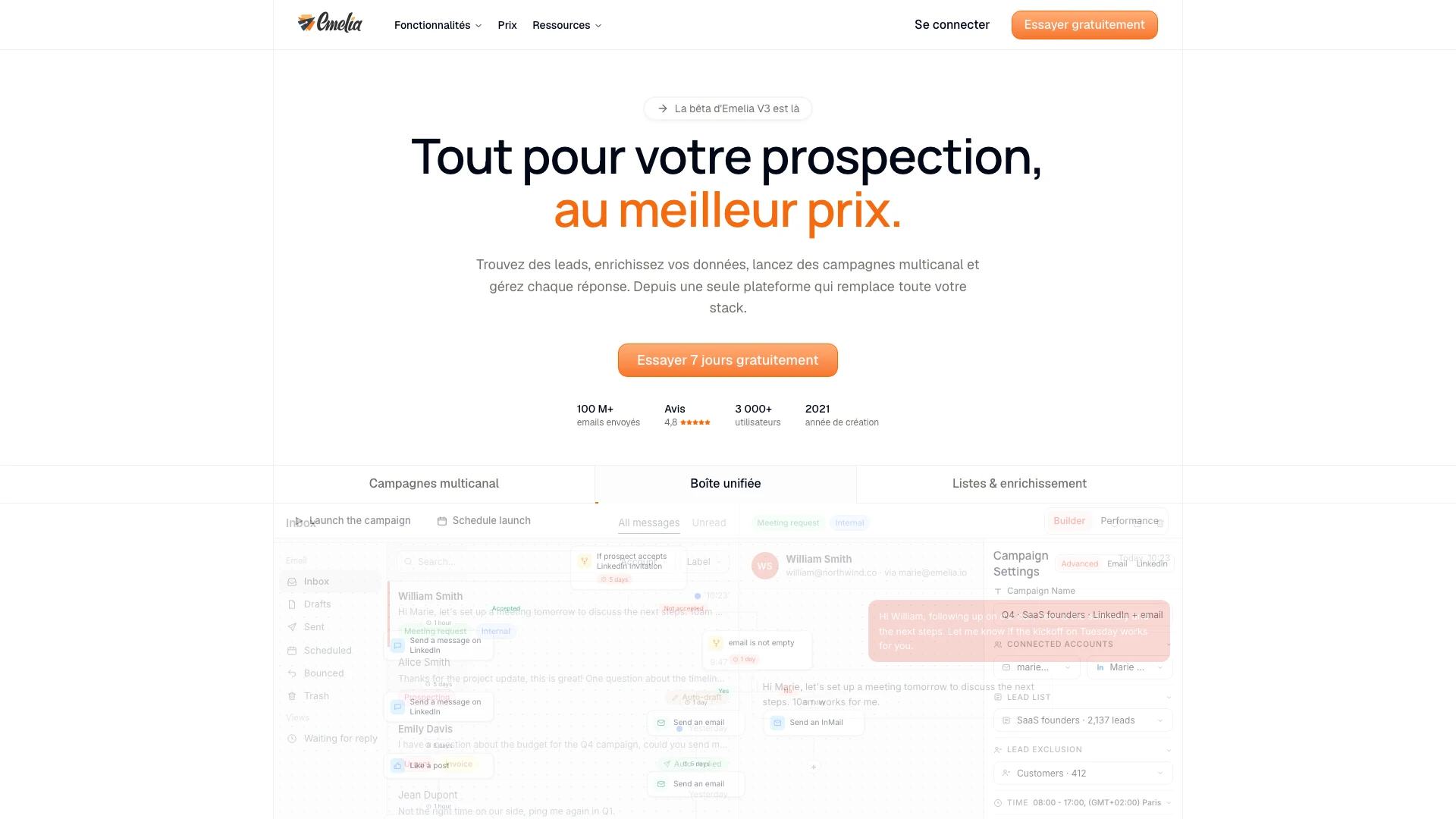 Page d'accueil d'Emelia